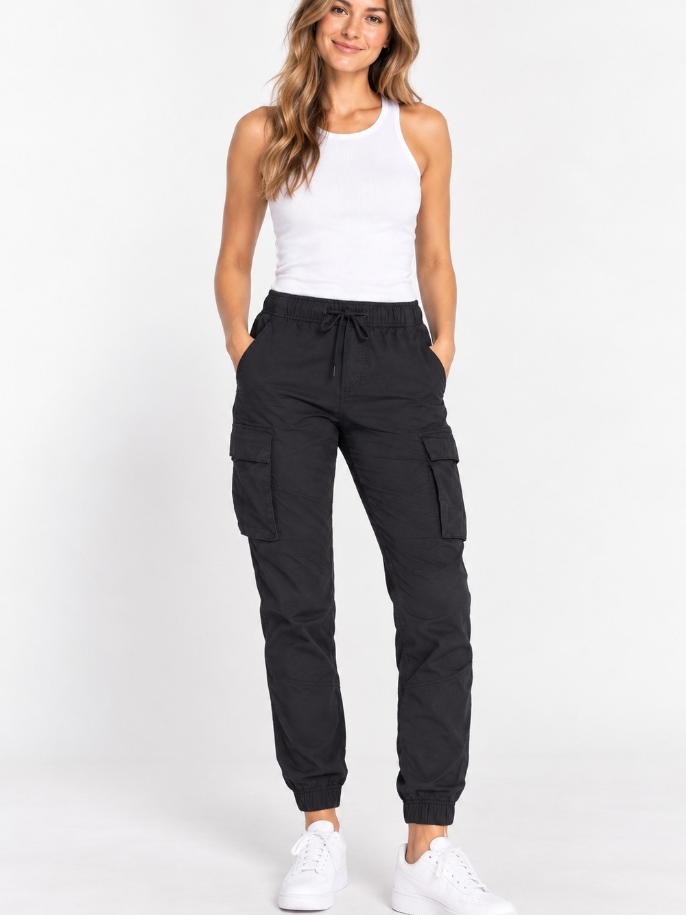 H&M Womens Small Black Slim Fit Cargo Jogger Pants Drawstring Utility 29" Inseam